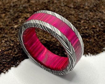 Damascus Steel Wood Ring, Whiskey Barrel Wood Inlay, Unique Engagement Ring, Wedding Rings, Statement Rings, Vintage & Antique Ring