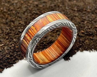 Damascus Steel Whiskey Barrel Ring for Men, Engagement Ring, Wedding Rings, Statement Rings, Vintage & Antique Ring