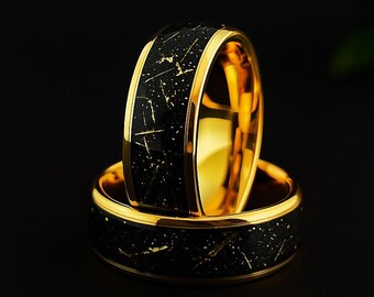 Tungsten Ring, Galaxy Ring for Men and Women, Gold Inlay Meteorite Engagement Ring, Wedding Rings, Statement Rings, Vintage & Antique Ring
