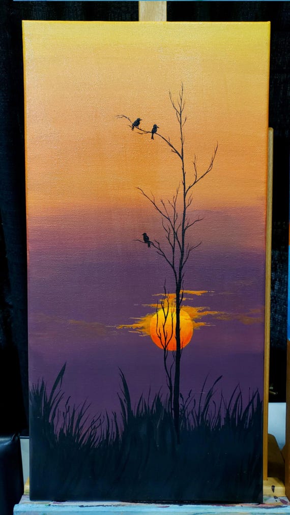 オリジナルアクリル画「夕焼けの鳥たち」10x20インチ(25.4 cm オリジナルアクリル画「夕焼けの鳥たち」10x20インチ(25.4 cm