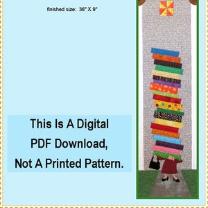 May include: A digital PDF pattern for a quilt titled "Home Is Where You "Cache" Your Stash". The quilt features a house with a stack of colorful books and a bird on the roof. The finished size of the quilt is 36 inches by 9 inches.