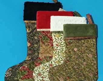 Group of 4 Elegant Christmas Stockings / William Morris Metalic Fabrics and Minky Cuffs.