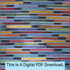 Może przedstawiać: Kolorowy wzór patchworku z poziomymi paskami w różnych kolorach i wzorach, w tym czerwony, pomarańczowy, żółty, zielony, niebieski i czarny. Tekst "This Is A Digital PDF Download, Not A Printed Pattern." znajduje się na dole obrazu.