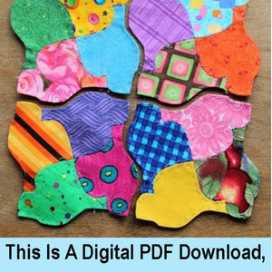 Puede incluir: Un bloque de colcha de retazos colorido hecho de recortes de tela en varios patrones y colores, incluyendo rosa, azul, verde, amarillo, naranja y morado. El bloque está formado por ocho piezas individuales, cada una con un patrón diferente. El texto "This Is A Digital PDF Download, Not A Printed Pattern." está en la parte inferior de la imagen.