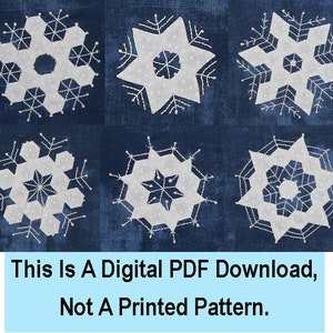 May include: Six different snowflake designs are embroidered on a dark blue fabric. The snowflakes are white and have intricate details. This is a digital PDF download, not a printed pattern.