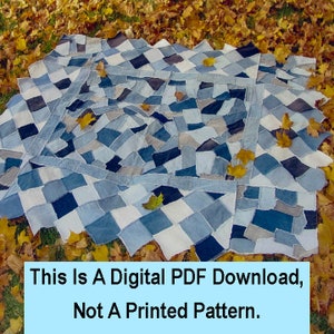 May include: A patchwork quilt made from denim fabric in shades of blue, white, and gray. The quilt is laid out on a bed of fallen autumn leaves. This is a digital PDF download, not a printed pattern.