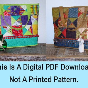 May include: Two patchwork tote bags, one with a green and red patchwork design and a green trim with red pom-poms, the other with a brown and blue patchwork design and a blue trim with brown beads.  This is a digital PDF download, not a printed pattern.