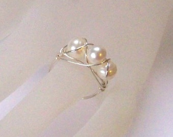 Sterling Silver Ring - Caged Pearls - Sterling Silver Rose or Yellow Gold Freshwater Pearl Wire Wrap Ring - Bridesmaid Gift Prom - All Sizes