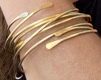 Gold Open End Bangle Bracelets 4 Brass Textured Bangles - Hammered Smooth Notched Dimpled