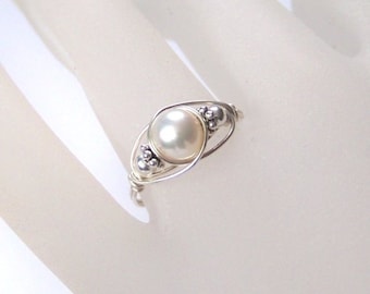 Sterling Silver Ring - Luscious - Wire Wrapped Ring - Sterling Silver and Freshwater Pearl Wrapped Ring - All Sizes Available