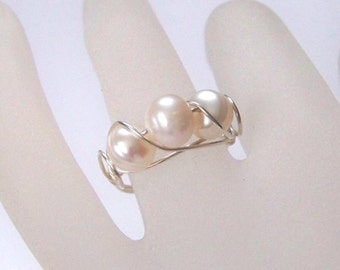 Sterling Silver Wire Wrapped Ring with Three Pearls - Scroll Sterling Silver Ring - Pearl Ring - Made to Order