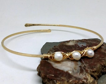 Pearl Upper Arm Bracelet Wire Wrap Armlet - Hammered Gold Brass Copper Bronze Stainless Armband