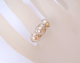 Sterling Silver Ring - Caged Pearls - Wire Wrapped Ring - Sterling Silver and Freshwater Pearl Wrapped Ring - All Sizes