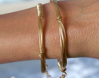 Gold Handcuff Bangles - Solid Brass Wire Wrapped Stackable Bracelets