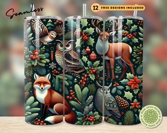Woodland Christmas Tumbler Wrap: Cozy Forest Animals PNG (Digital Download)