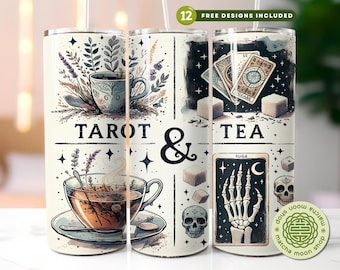 May include: A white tumbler with illustrations related to tarot cards and tea. The design includes teacups, tarot cards, sugar cubes, and a skeleton hand. The words "TAROT & TEA" are displayed. Includes 12 free designs.