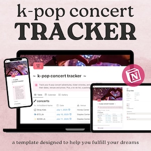 Op de afbeelding: Een laptopscherm dat een website weergeeft met de tekst "k-pop concert tracker" en een tabel met K-pop-artiesten, concertdata en locaties. De website is ontworpen om fans te helpen hun concertervaringen bij te houden en te plannen.