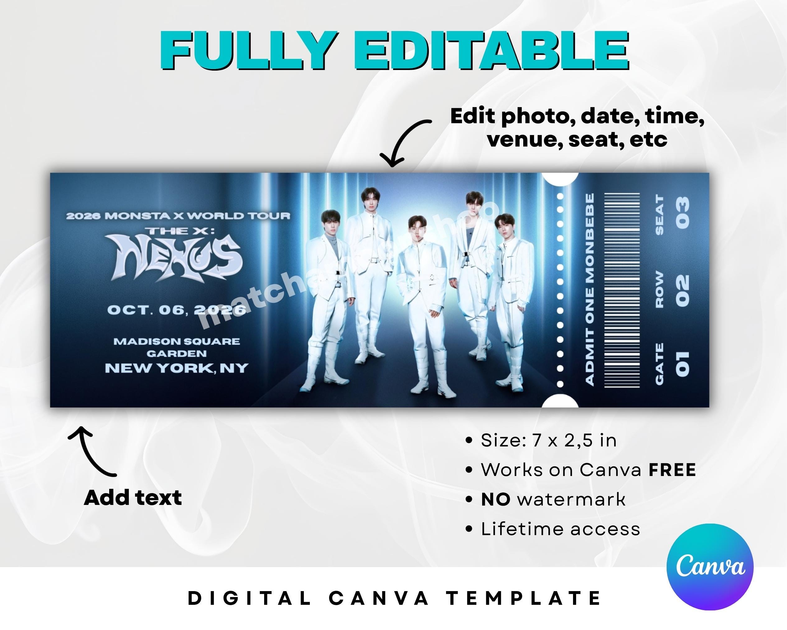 MONSTA X ハイタッチ券 Monsta X Concert Ticket Template, the X Nexus Tour, Custom Monbebe