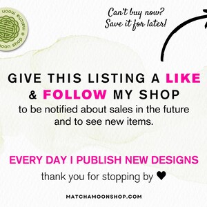 May include: A promotional graphic with text encouraging viewers to like and follow the shop for updates. The image includes a circular logo, a black arrow, and the text "EVERY DAY I PUBLISH NEW DESIGNS". The shop's website is also displayed.