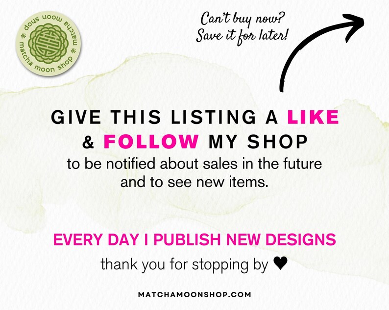 May include: A promotional graphic with text encouraging viewers to like and follow the shop for updates. The image includes a circular logo, a black arrow, and the text "EVERY DAY I PUBLISH NEW DESIGNS". The shop's website is also displayed.