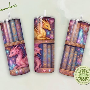 Bookish Dragon Tumbler Wrap Magical Romantasy Book Shelf PNG Fantasy Reader Sublimation, Seamless Pink Tumblers, Dragons Digital Download