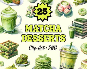 Clipart de postre de matcha: Paquete PNG de cafetería de acuarela (descarga digital)