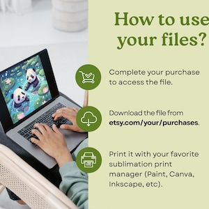 May include: A laptop displaying a panda bear illustration on the screen. The image includes the text "How to use your files?" and instructions on how to access and print the files after purchase. The laptop is on a person's lap.