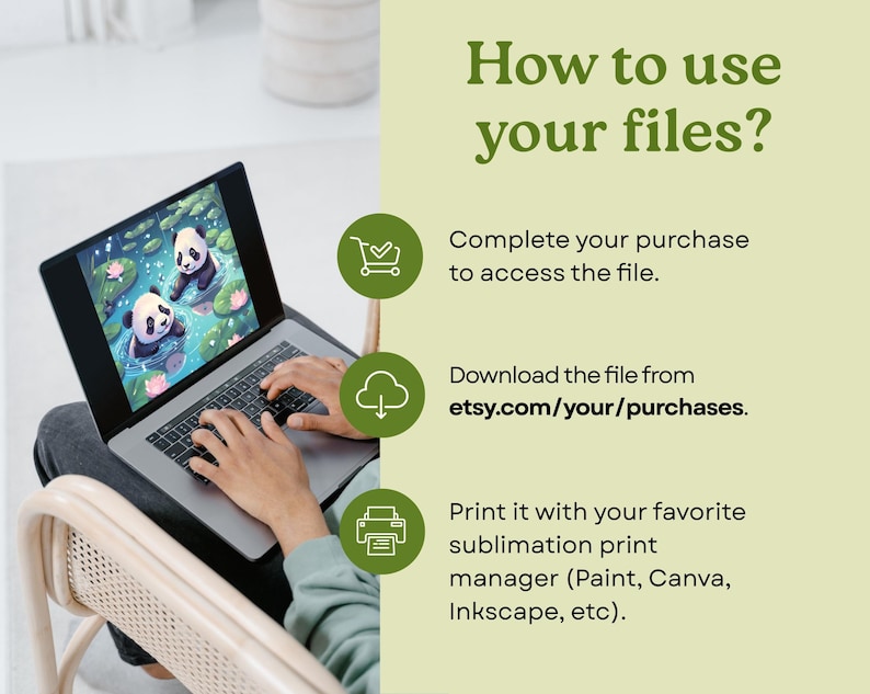 May include: A laptop displaying a panda bear illustration on the screen. The image includes the text "How to use your files?" and instructions on how to access and print the files after purchase. The laptop is on a person's lap.