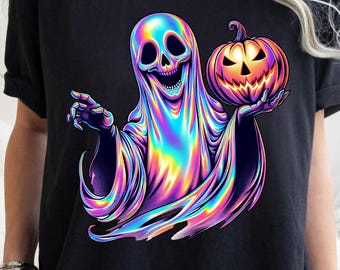 Fantasma iridescente PNG: design olografico di zucca di Halloween (download digitale)