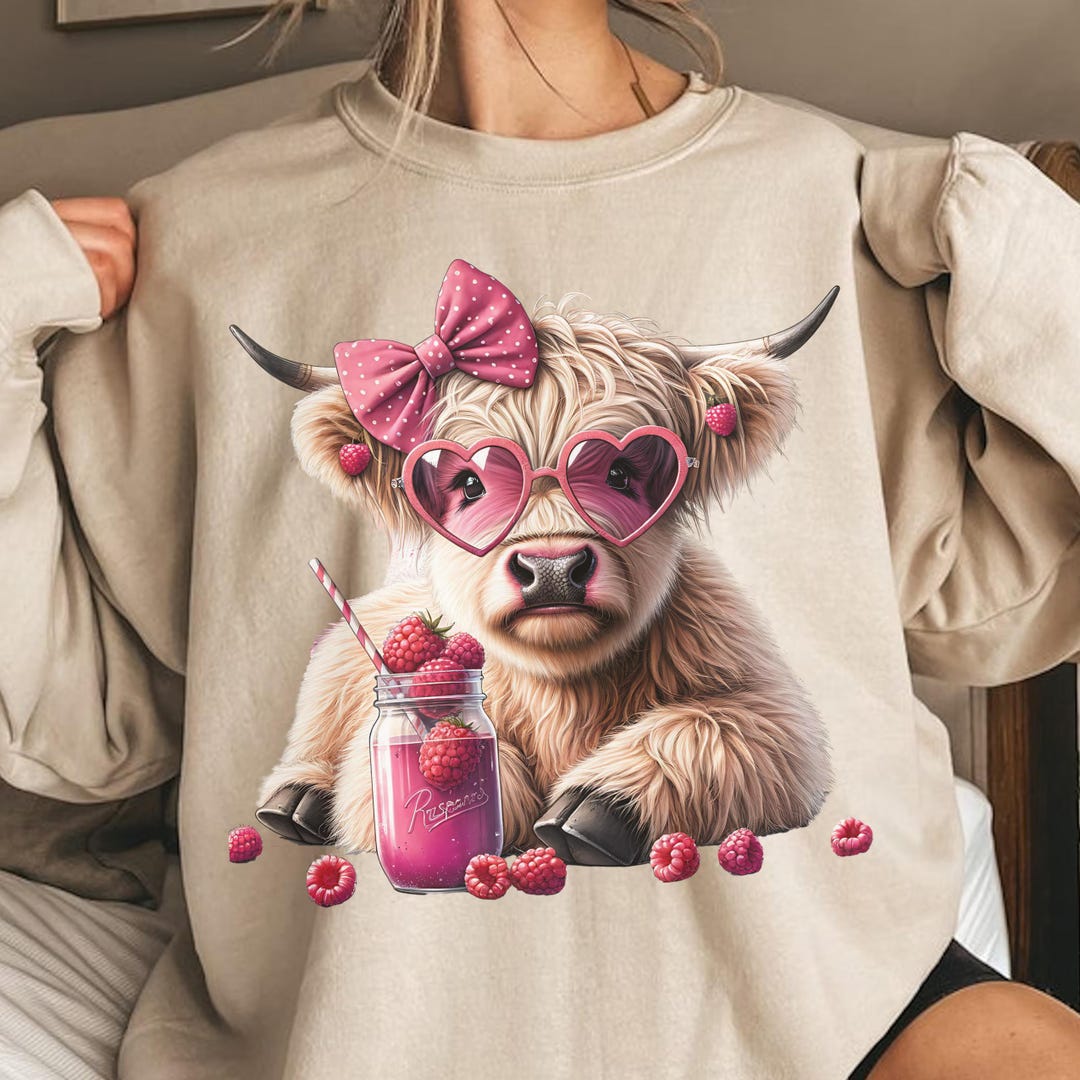 Raspberry Cow PNG: Highland Cow With Berry Heart Sunglasses (digital ...