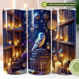 Bookish Owl Tumbler Wrap PNG for 20oz Straight Skinny Tumblers, Book Shelf Tumbler, White Owl Gift for Readers, Bookworm Sublimation