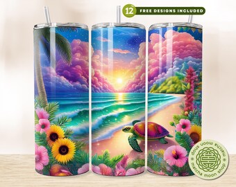 Envoltorio para vaso de tortuga marina: Diseño de playa tropical (PNG, PDF)