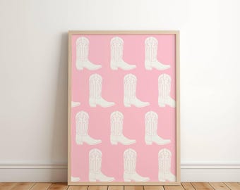 Rosa cowboystövlar, minimalistisk sydstatsväggkonst, flickaktigt rosa poster, vintage western cowgirlkonst, söt lägenhetsinredning, cowboystövlarkonst