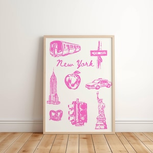 Pink New York Vintage Digital Download  Print | NYC City Print | NY Aesthetic Room Decor Wall Art | Hot Pink Dorm Decor Poster
