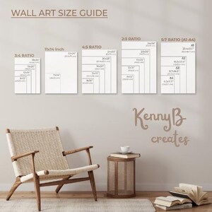 May include: A wall art size guide chart displaying various aspect ratios and dimensions in inches and centimeters, including 3:4, 11x14, 4:5, 2:3, and 5:7 ratios. The text Kenny B creates is visible on the wall above a wooden chair and side table.