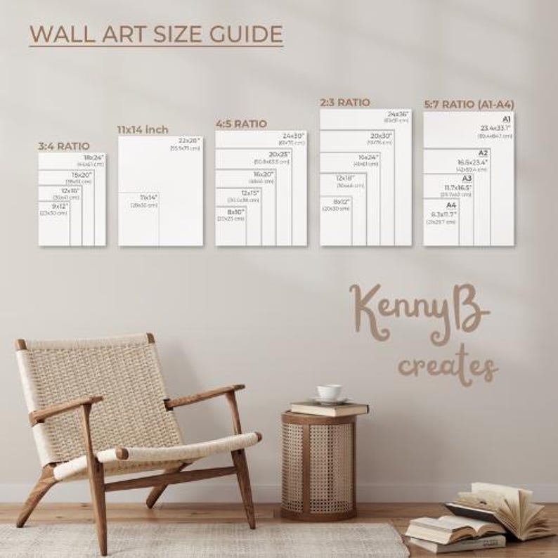 May include: A wall art size guide chart displaying various aspect ratios and dimensions in inches and centimeters, including 3:4, 11x14, 4:5, 2:3, and 5:7 ratios. The text Kenny B creates is visible on the wall above a wooden chair and side table.