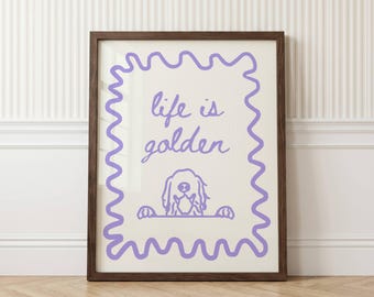 Lámina decorativa infantil de Golden Retriever: Arte mural de perro morado (descarga digital)