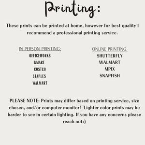May include: An informational graphic with black text on a light background titled Printing. It lists in-person printing options including Officeworks, Kmart, Costco, Staples, and Walmart, and online options including Shutterfly, Walmart, Mpix, and Snapfish.