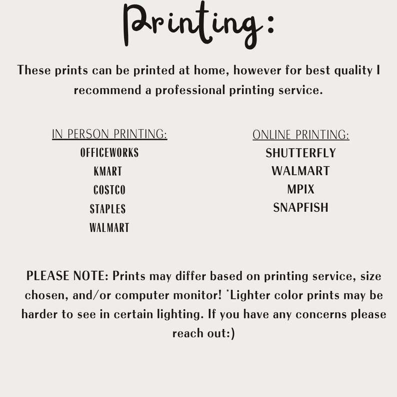 May include: An informational graphic with black text on a light background titled Printing. It lists in-person printing options including Officeworks, Kmart, Costco, Staples, and Walmart, and online options including Shutterfly, Walmart, Mpix, and Snapfish.