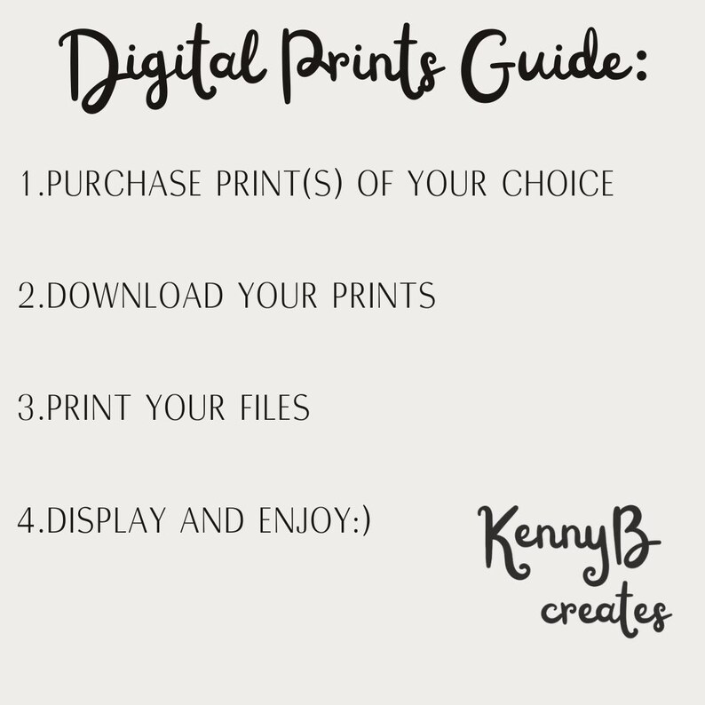 May include: A light-colored informational graphic titled Digital Prints Guide with four numbered steps: 1. PURCHASE PRINT(S) OF YOUR CHOICE, 2. DOWNLOAD YOUR PRINTS, 3. PRINT YOUR FILES, 4. DISPLAY AND ENJOY:). The text KennyB creates appears at the bottom.