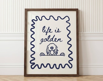 Navy Blue Life Is Golden Print Wall Art Golden Retriever Kitchen Nursery Decor