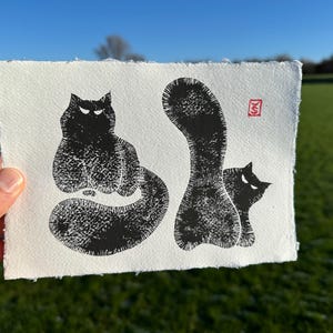 2 Sly Black Cats blanco A5-kaart linosnede print