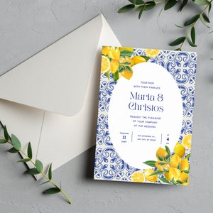 Mediterranean Lemon Tile Wedding Invitation Template Greek Italian Wedding Invite Printable Destination Editable Blue & Yellow Wedding Card