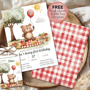 Bearbeitbare Picknickbär-Geburtstags-Einladung, Beary Erster Geburtstag Teddybär Rotes Picknick laden Vorlage Ballon-Waldparty ein