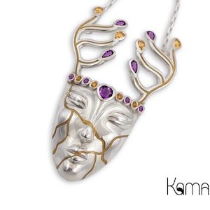 Sterling Silver Dreamer Pendant, Citrine, Rubellite Tourmaline gemstones, Ethnic Statement Jewelry, Fashion Necklace, Unique Gift Ideas