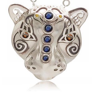 Sapphire statement pendant, Panther sterling silver pendant, Tribal jewelry art, Jaguar bold pendant, Unique elegant pendant