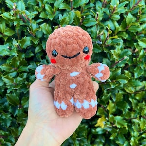 May include: A handmade, brown crocheted gingerbread man with white accents on the arms and legs. The gingerbread man has a smiling face with black eyes and a black mouth, and red cheeks. The plush toy is held in a hand.