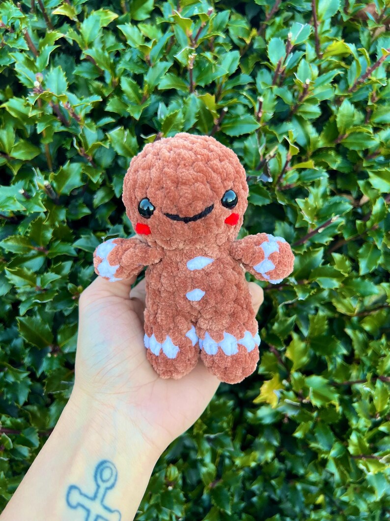 May include: A handmade, brown crocheted gingerbread man with white accents on the arms and legs. The gingerbread man has a smiling face with black eyes and a black mouth, and red cheeks. The plush toy is held in a hand.