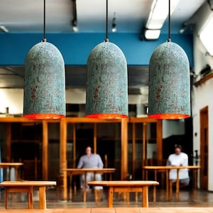 Set of 3 handmade Green Patina Farmhouse Light Fixture, Oxidized Copper Kitchen Island Ceiling Lights, Long Oxidized Copper Pendant Lamp