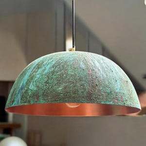 Oxidized Green Patina Copper Pendant Light, Handmade Dome Ceiling Light, Solid Verdigris Copper Farmhouse Kitchen Island Light Fixture